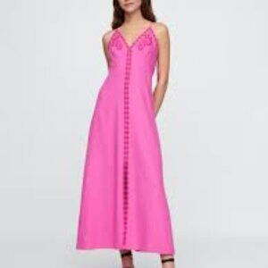 Gap Linen-Blend Embroidered Halter Maxi Dress - Pink - Small Petite